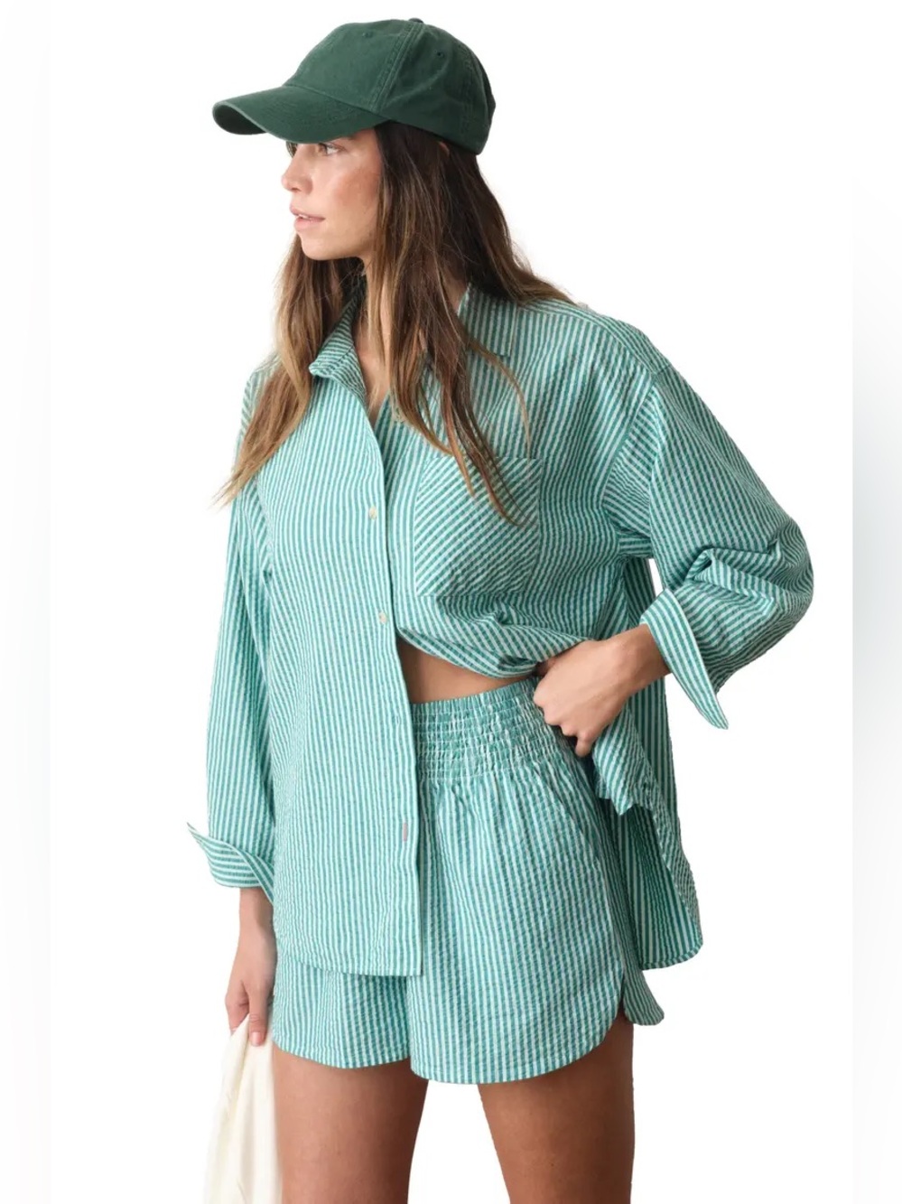 GREEN STRIPE POLO AND SHORTS SET